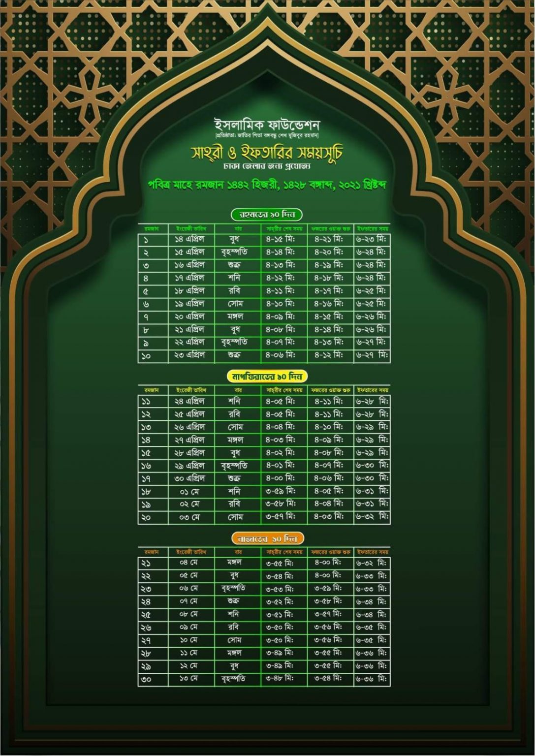 Bangladesh Ramadan Calendar 2021