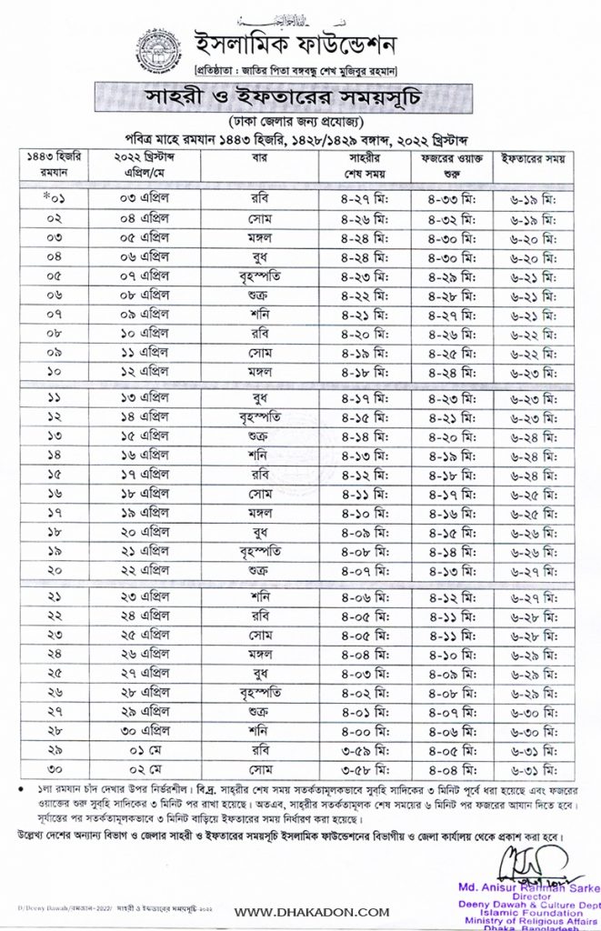 Ramadan 2022 Calendar Bangladesh Sehri Iftar Time Schedule