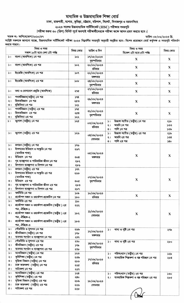 HSC Exam 2023 Routine and Schedule