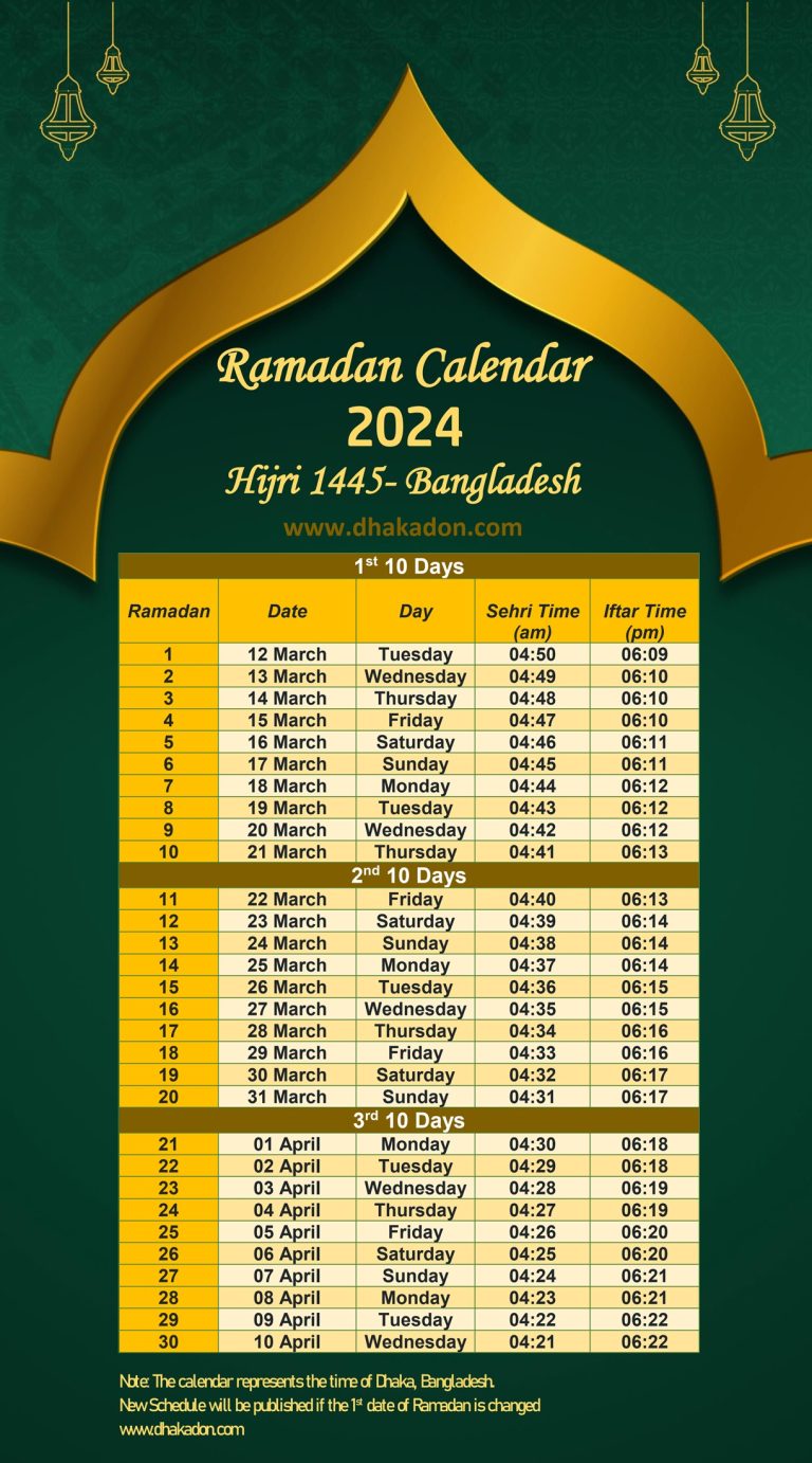 Ramadan 2024 Calendar – Bangladesh Sehri & Iftar Time Schedule