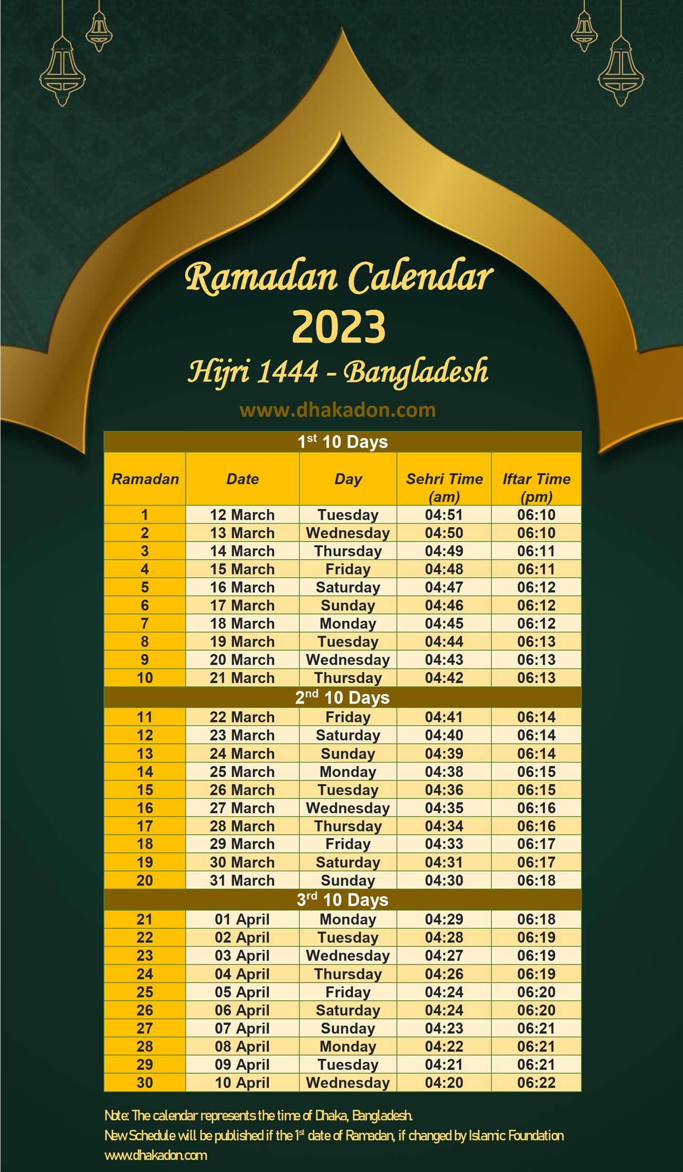 Ramadan 2024 Calendar Bangladesh Sehri & Iftar Time Schedule