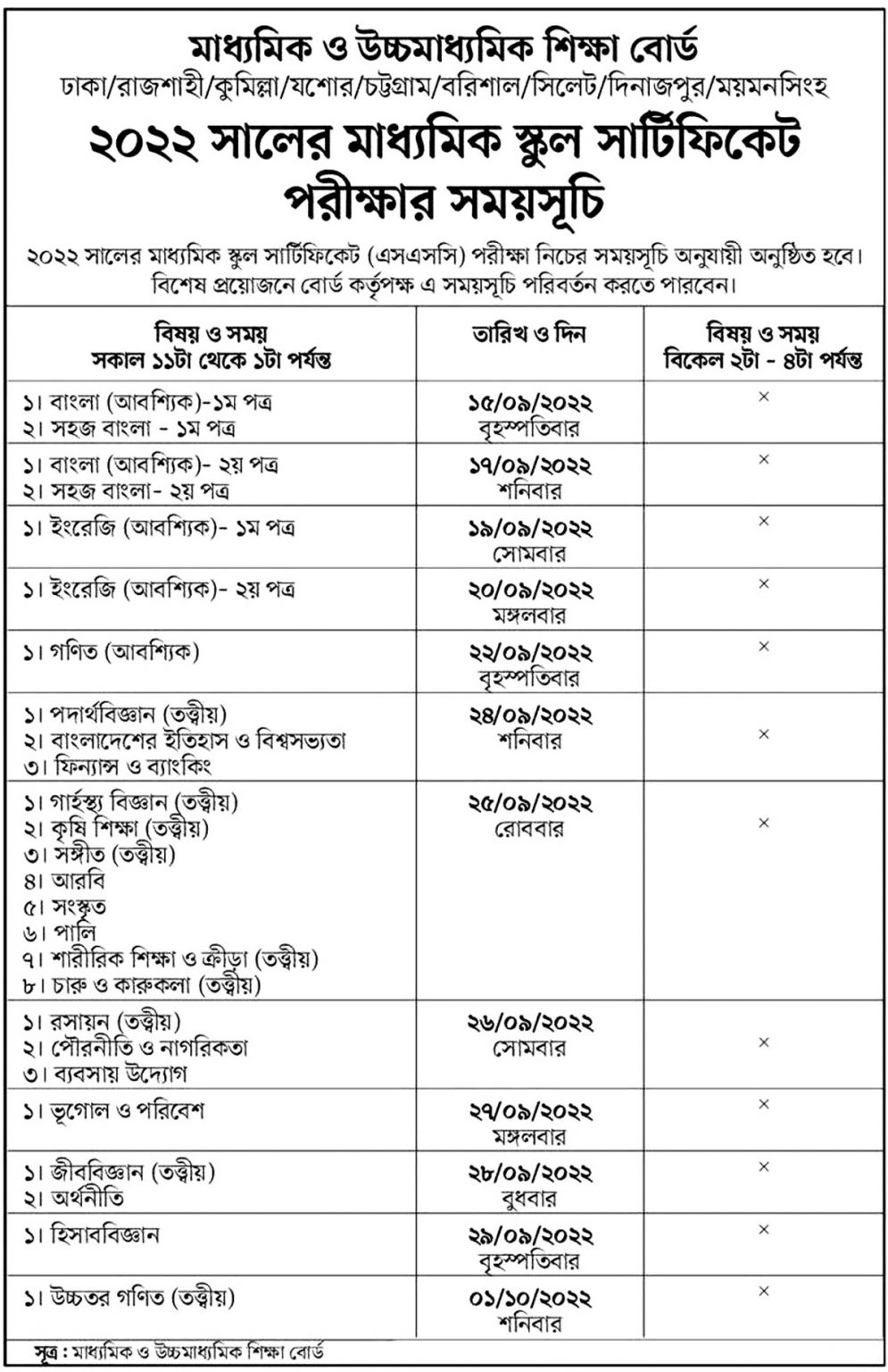 SSC Examination New Routine 2022 Bangladesh